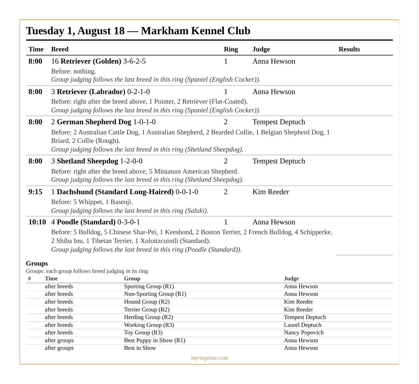 A printed one-page schedule for one show day.